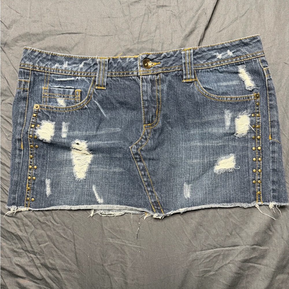 Hang Ten Blue Distressed Denim Mini Skirt with Stud Details - Picture 1 of 5